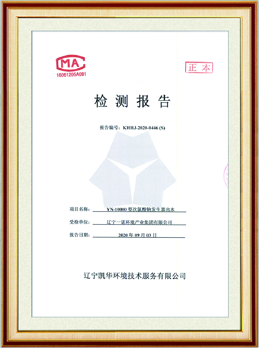 YN-10000 型次氮酸钠发生器出水检测报告